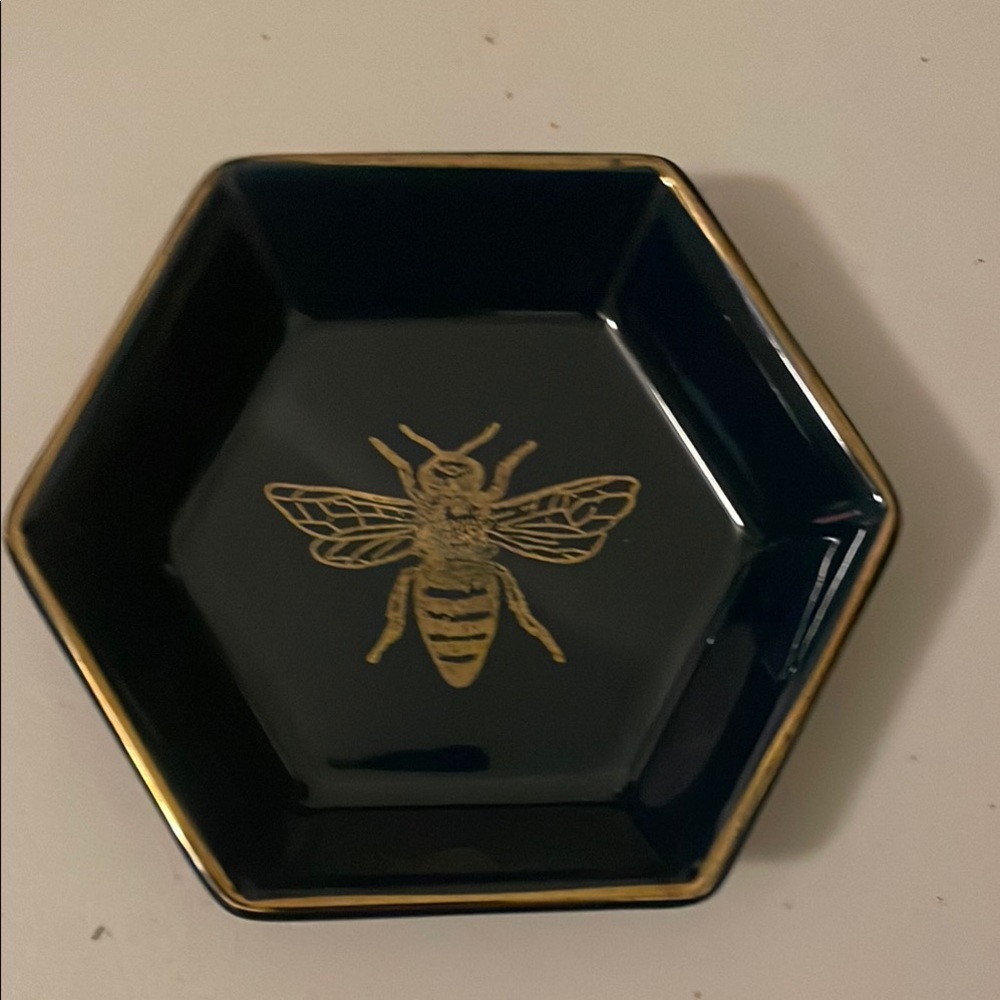 Hexagonal Black and Gold Dish with Bee Design. #patron